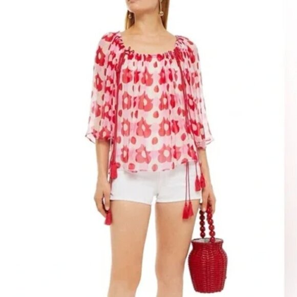 Anthropologie Tops - Anthropologie NWT Antik Batik Red/Pink Jucy Tasseled Floral-Print Top M JB